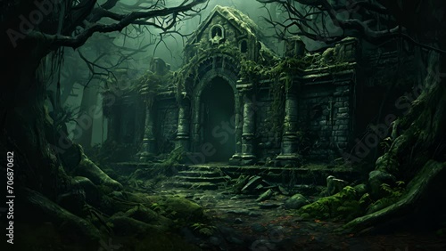 An eerie crypt deep in a fog enshrouded forest its disused tombs overgrown with dense ivy the only sound one of a lone wolf howling in the night. photo