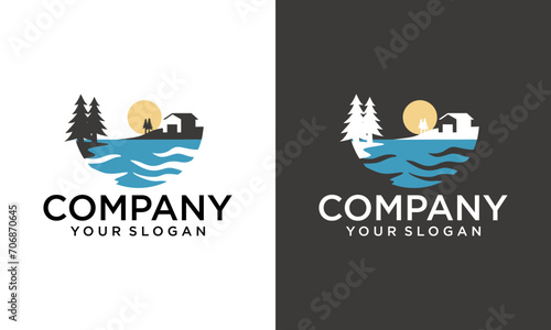 Creative lake house logo with a house over lake or water style for any business especially for travel, real estate, hotel, etc