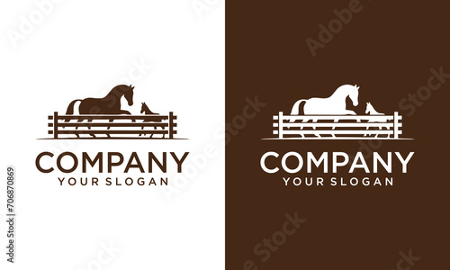 Creative Horse silhouette behind wooden fence paddock for countryside western country farm ranch logo design