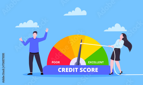 Woman pulls credit score arrow gauge speedometer indicator with color levels.