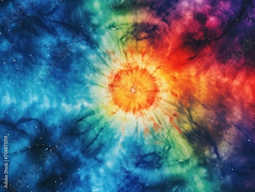 Colorful Star Painting With Surrounding Stars in a Vibrant Display of Light, Tie Dye style