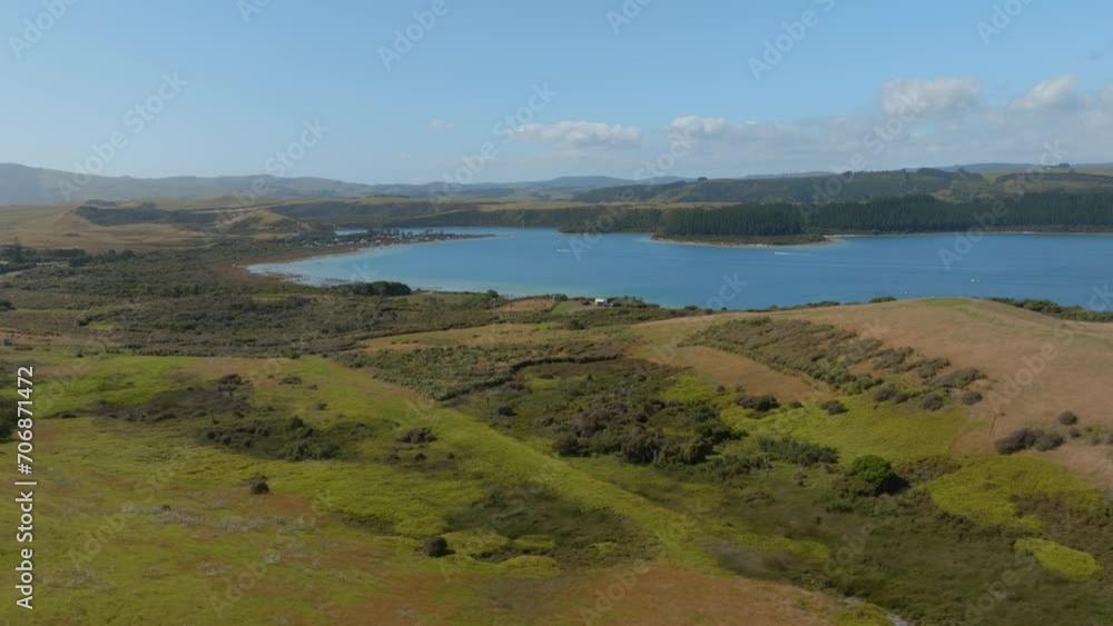 Aerial: Kai Iwi Lakes in summer time. Dargaville, Northland, New Zealand. Aerial: Kai Iwi Lakes in summer time. Dargaville, Northland, New Zealand.