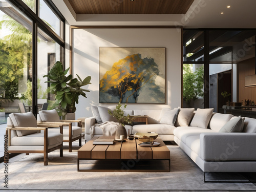 A contemporary living room with an open concept and a modern aesthetic