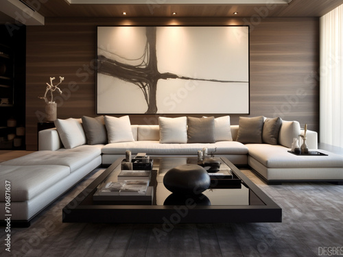 A contemporary living room with a sleek coffee table and a large sectional © Nissan