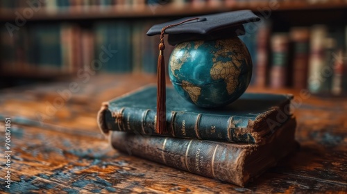 Graduation cap with World globe on text book. Graduate study abroad programs.