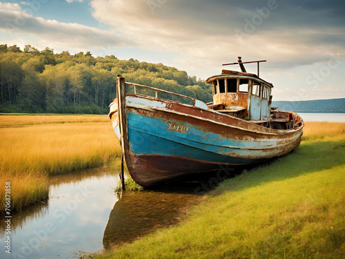 Boat Sitting on Grass Covered Field  Peaceful Scene With Nature and Watercraft