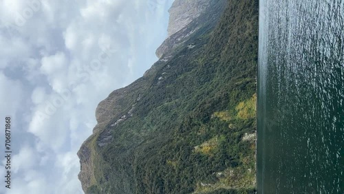 Vertical survey of Milford Sound from the ship, New Zealand. Ttravel. photo