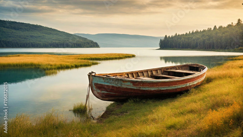 A Boat on the Shore of a Peaceful Lake