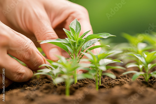 Close-up of hands nurturing young plants in soil, conveying growth and care in gardening or agriculture.