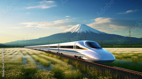 A high-speed train runs through a field and has Mount Fuji in the background in Japan. Ai generate.