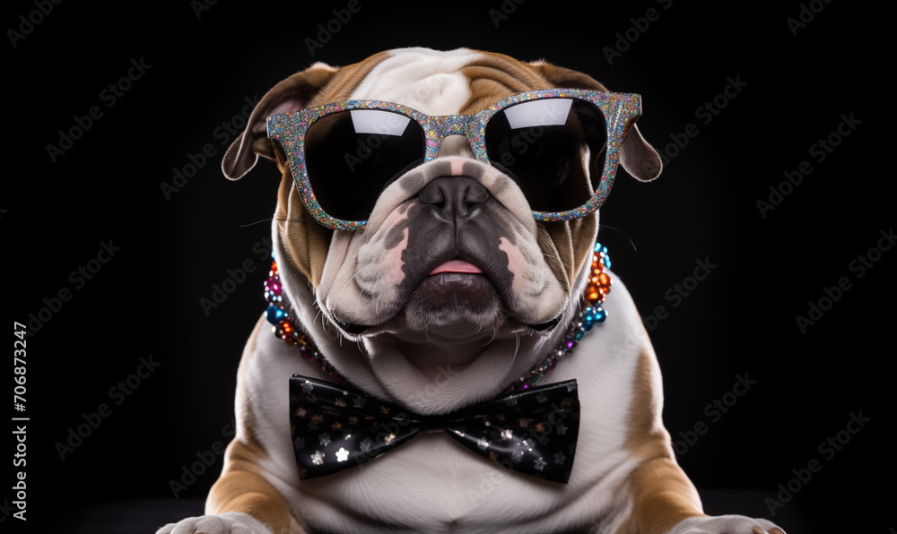 Celebration birthday, Sylvester New Year's eve party, funny animal banner greeting card - Bulldog dog with party hat outfit sunglasses and bow tie isolated on black table background