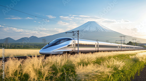 A high-speed train runs through a field and has Mount Fuji in the background in Japan. Ai generate.