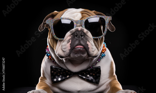 Celebration birthday, Sylvester New Year's eve party, funny animal banner greeting card - Bulldog dog with party hat outfit sunglasses and bow tie isolated on black table background © Natali