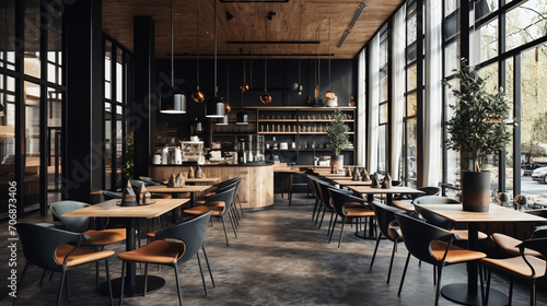 The interior of the coffee shop caf   is modern and woodsy  giving it an open  modern style that makes it warm and welcoming to sip your coffee every morning. Ai generate.