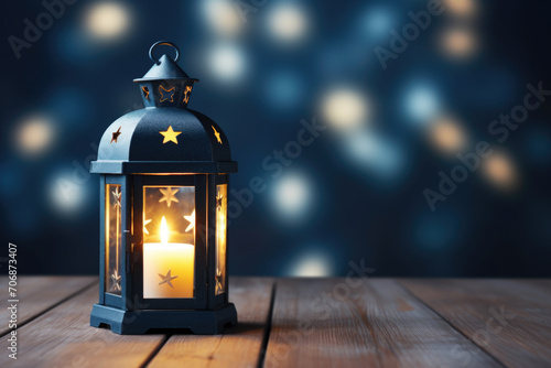A candlelit lantern on a wooden surface. The concept evokes festive warmth and decoration.