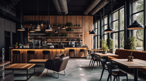 The interior of the coffee shop/café is modern and woodsy, giving it an open, modern style that makes it warm and welcoming to sip your coffee every morning. Ai generate.