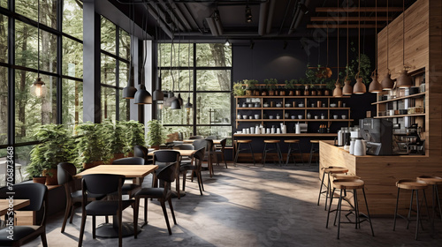 The interior of the coffee shop/café is modern and woodsy, giving it an open, modern style that makes it warm and welcoming to sip your coffee every morning. Ai generate. photo