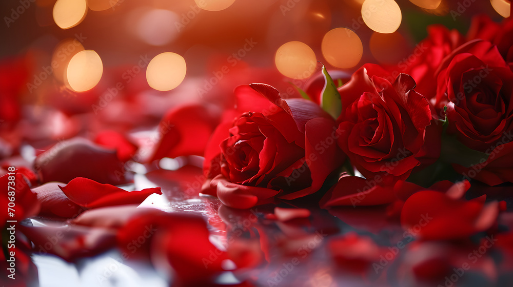 A dazzling display of romantic red garden roses, delicately placed on a glistening surface, evoking the beauty and passion of valentine's day A dazzling display of romantic red garden roses, delicately placed on a glistening surface, evoking the beauty and passion of valentine's day