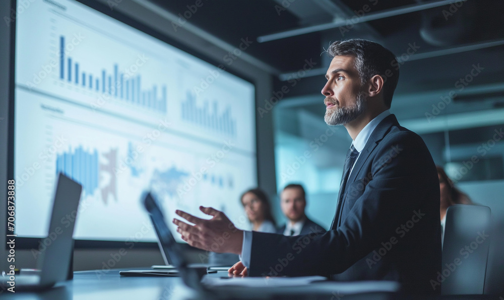 Conference Business Meeting Presentation: CEO Businessman Shows Data to Group of Investors, Businessspeople. Projector Screen Shows Graphs, Product Sales, Revenue Growth Strategy, e-Commerce Conference Business Meeting Presentation: CEO Businessman Shows Data to Group of Investors, Businessspeople. Projector Screen Shows Graphs, Product Sales, Revenue Growth Strategy, e-Commerce