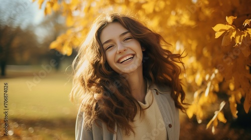 Minimalist and modern portrayal of a smiling young woman in an autumn park  with crisp details and clean lines