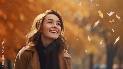 Minimalist and modern portrayal of a smiling young woman in an autumn park, with crisp details and clean lines