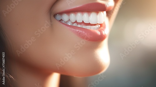 Hyper-realistic dental care scene featuring the beautiful smile of a healthy woman with white teeth  close-up