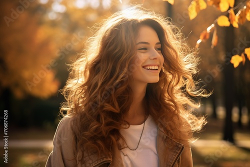 Realistic portrait of a young happy smiling woman in an autumn park, captured with the essence of golden-hour sunlight