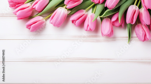 A fresh bouquet of pink tulips lies against a white wooden backdrop, creating a serene and pure springtime atmosphere.