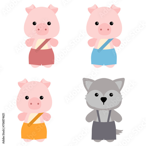 Fototapeta Naklejka Na Ścianę i Meble -  Vector three pink cartoon pigs and gray wolf isolated on white background, fairy tale