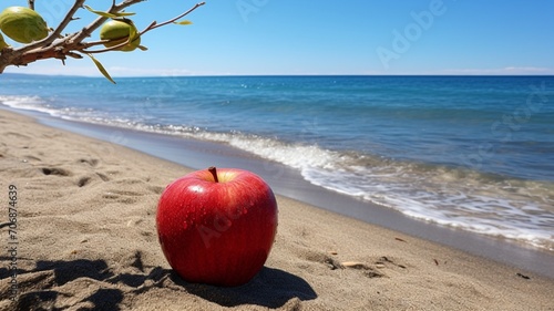 A vibrant red apple on a serene blue beach, surrounded by golden sand and azure waves -Generative Ai
