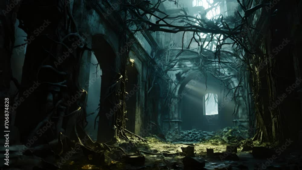 Overrun Scene Background A haunting scene of an abandoned ruin overrun by spiky vines and dark ...