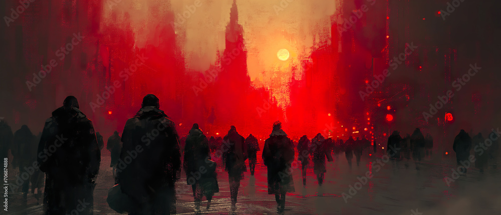 Crowd Of People Walking In A Modern City. Illustration On The Theme Of The City And Life, People And Territories. Generative AI	
