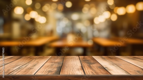 The empty wooden table top with blur background of cafe. Exuberant image. generative ai