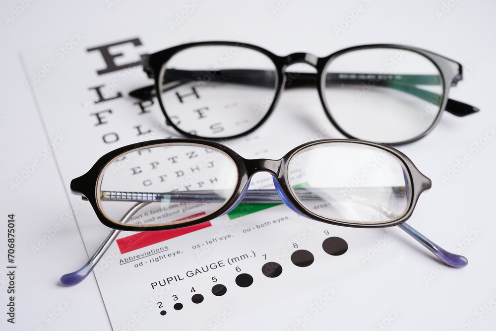 Glasses on eye exam chart to test eyesight accuracy of reading. Glasses on eye exam chart to test eyesight accuracy of reading.