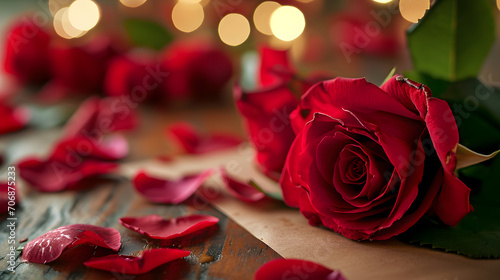 A vibrant red rose  symbolizing love and passion  stands proudly on a table  showcasing its beauty and elegance in a stunning floral arrangement