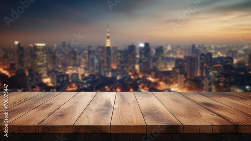 The empty wooden table top with blur background of cityscape. Exuberant image. generative AI © Summit Art Creations