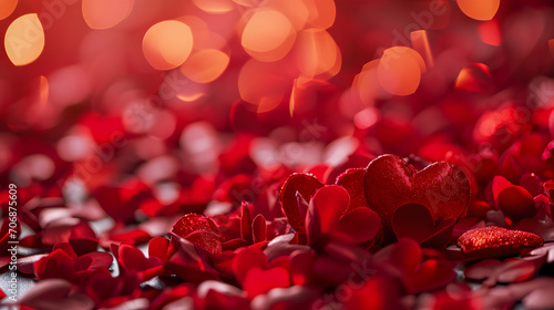 A romantic scene unfolds as a pile of red hearts bask in the soft light of a flower-filled outdoor setting, evoking the warmth and passion of valentine's day