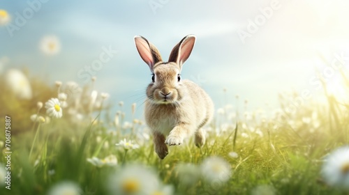 Funny Easter bunny hopping in a meadow with selective focus and copy space, hyper-realistic illustration, inspired by Caravaggio's lighting © anupdebnath