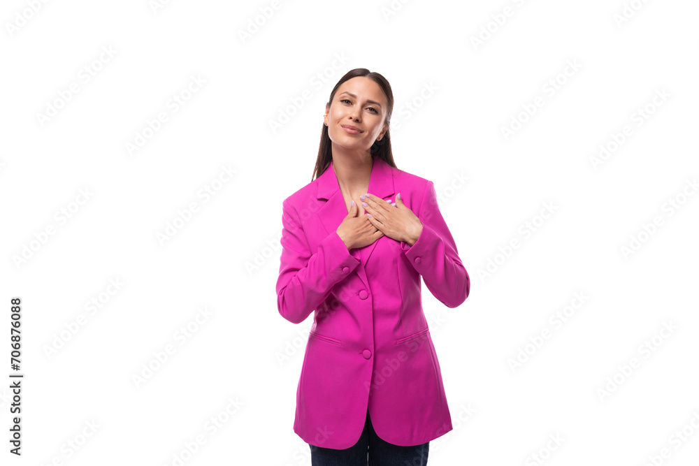 a young well-groomed European brunette with black straight hair is dressed in a stylish crimson jacket with a designer cut a young well-groomed European brunette with black straight hair is dressed in a stylish crimson jacket with a designer cut