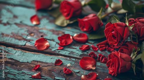 A vibrant burst of love and nature, captured in a picturesque still life of red roses and delicate petals on a rustic blue backdrop, evoking the romance of a garden on valentine's day