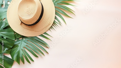 Tropical palm leaves with straw hat and sunglasses on pastel background. Empty space flat lay  digital illustration  neon lights accentuating details