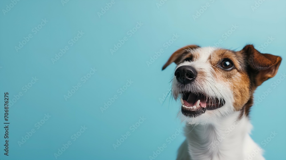 Funny dog Jack Russell Terrier on blue background with copy space
