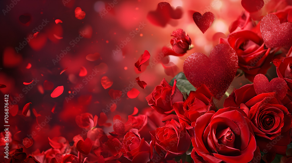 Amidst a sea of red garden roses, delicate petals form a heart, symbolizing the love and passion of valentine's day