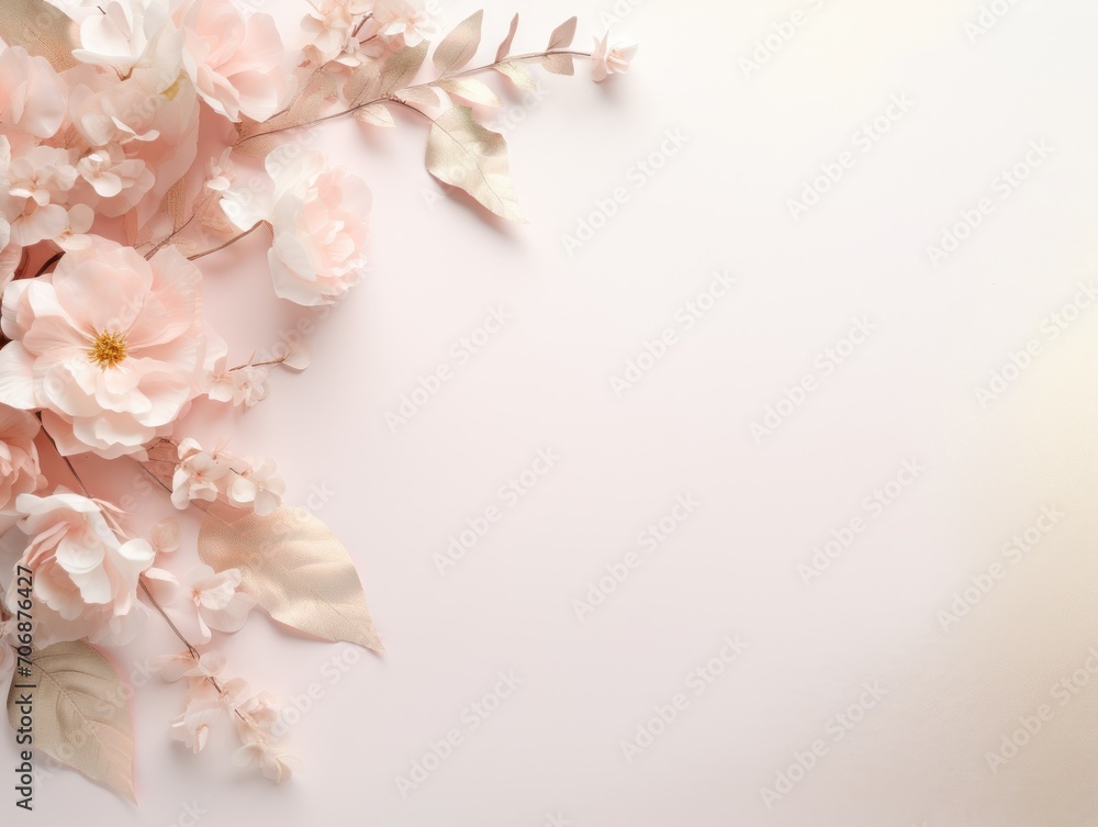 Pink Flowers and Leaves on Peach Background. Copy space.
