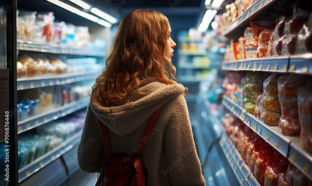 Young woman shopping in the frozen food aisle at a grocery store