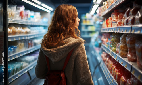 Young woman shopping in the frozen food aisle at a grocery store