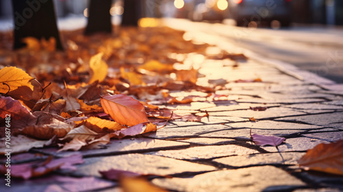 Autumn streets sunlit sidewalks. Close up view