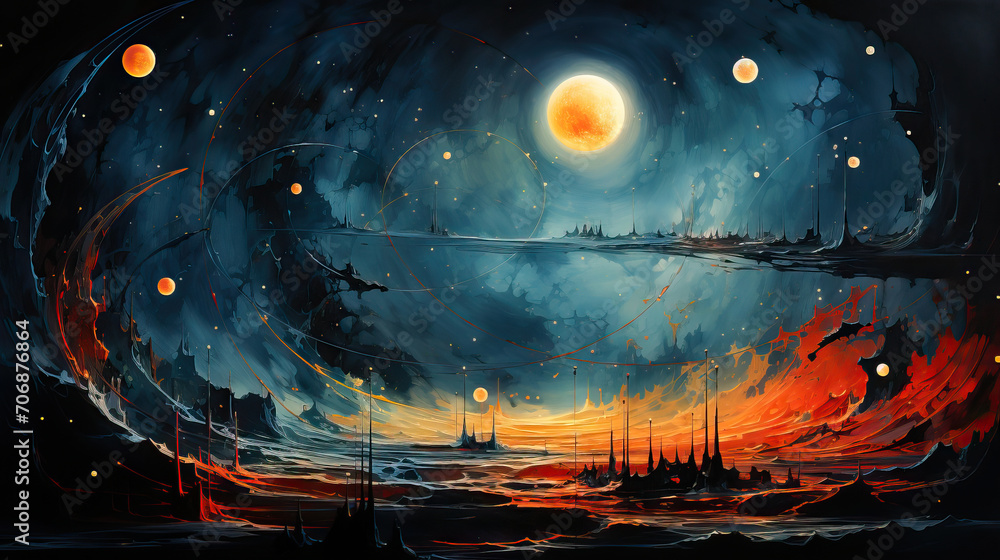 Stunning digital artwork portraying an imaginative cosmic landscape with planets, stars, and a vibrant nebula.