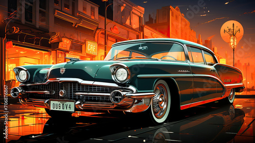 Colorful illustration of a classic vintage car on an urban street at sunset with a warm, retro vibe.