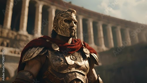 A tenacious warrior, his face partially covered by a fierce lion mask, standing in front of a grand Roman colosseum. photo